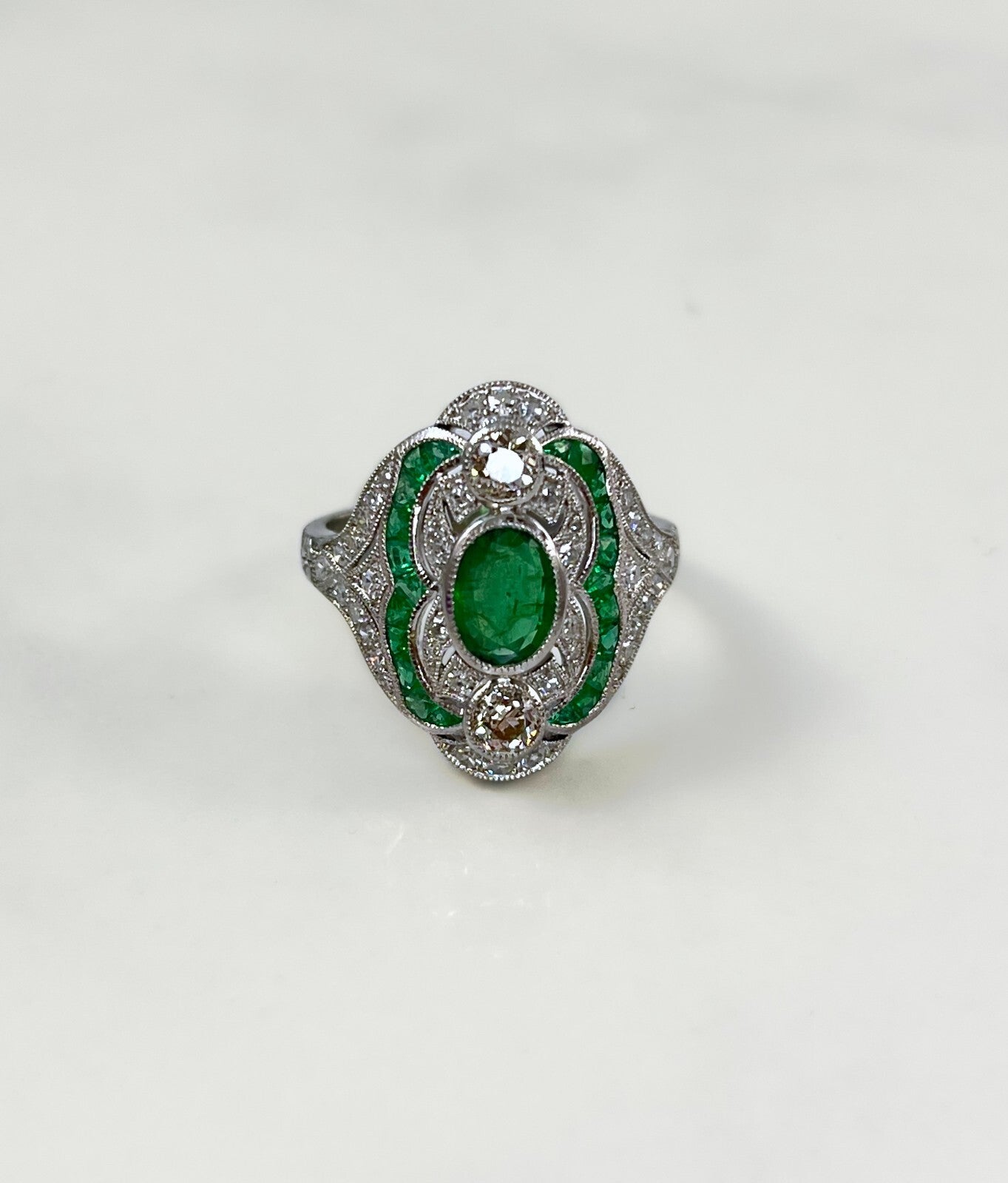 Art Deco Emerald Platinum Diamond Ring Cocktail Right Hand Old Mine European