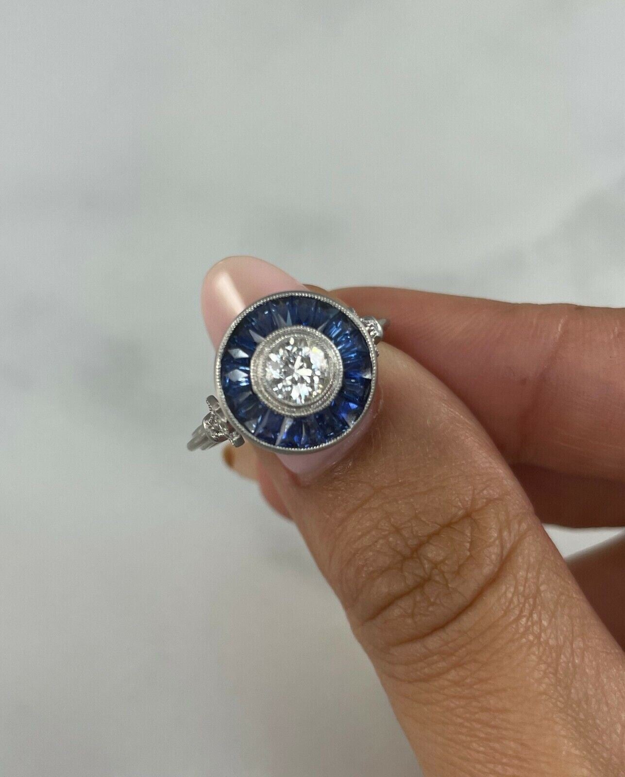 Diamond Blue Sapphire Platinum Engagement Ring Art Deco Natural 2.20 CTW