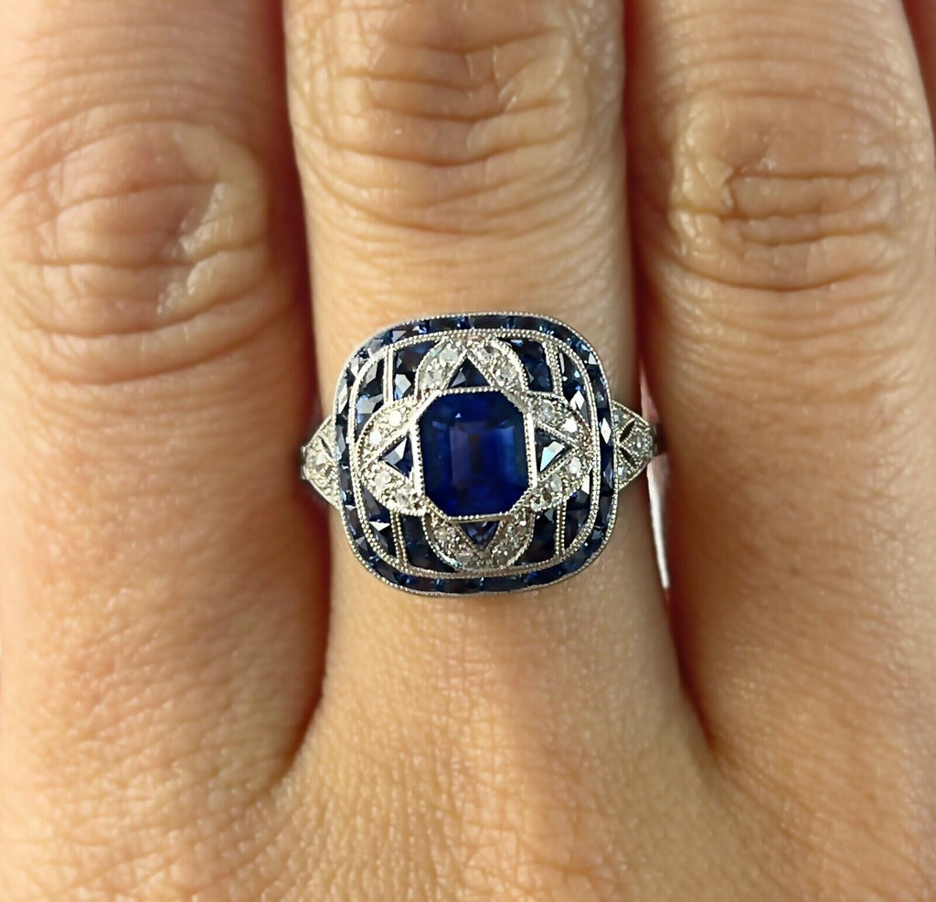 Art Deco Blue Sapphire Diamond Platinum Ring Natural Antique Finish 2.72 CTW