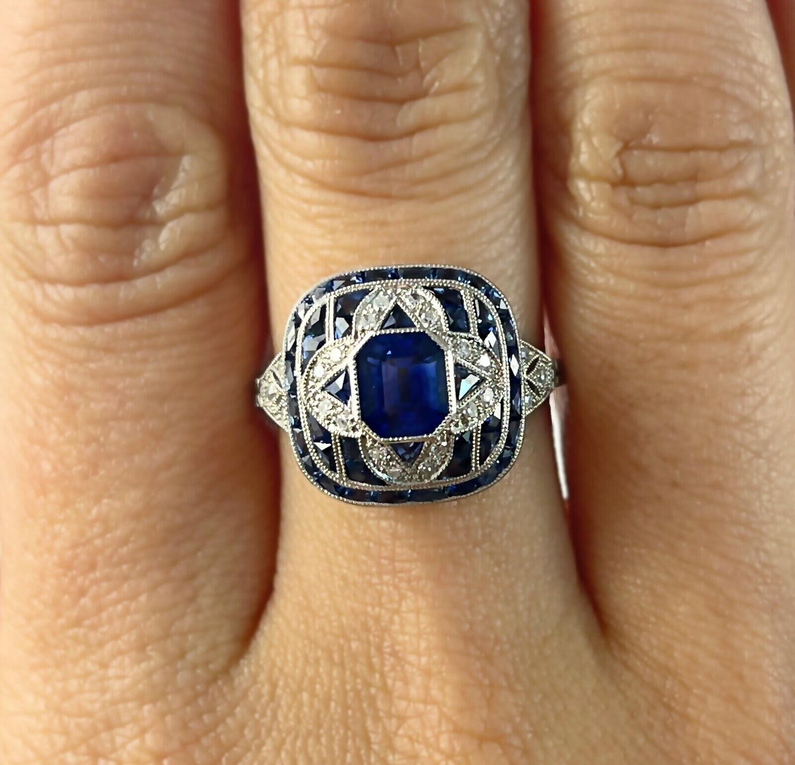 Art Deco Blue Sapphire Diamond Platinum Ring Natural Antique Finish 2.72 CTW