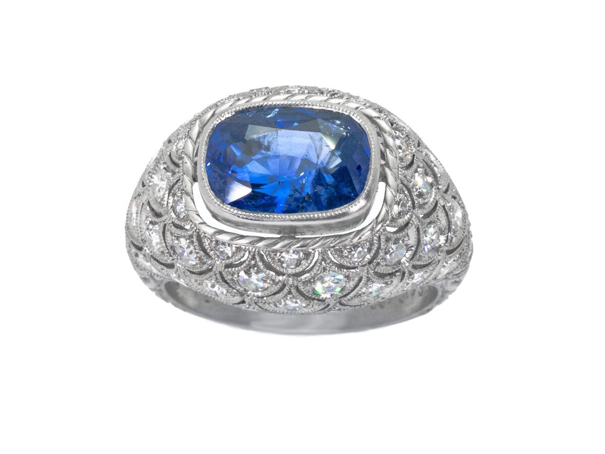 Art Deco Cushion Sapphire Diamond Platinum Ring Natural 5.30 CTW GIA Certified