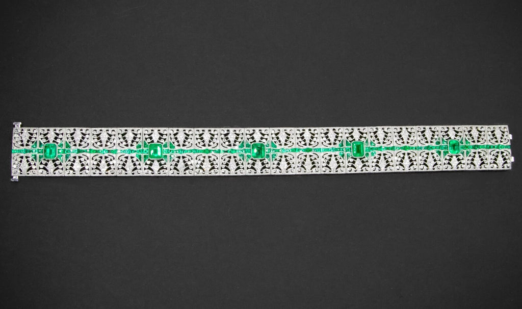 Art Deco Diamond Emerald Platinum Bracelet Handmade Natural 8.14 CTW Certified