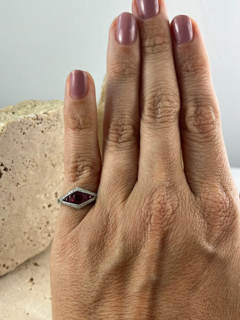 Art Deco Inspired Ruby Diamond Platinum Ring Natural Oval French Cut 1.04CTW