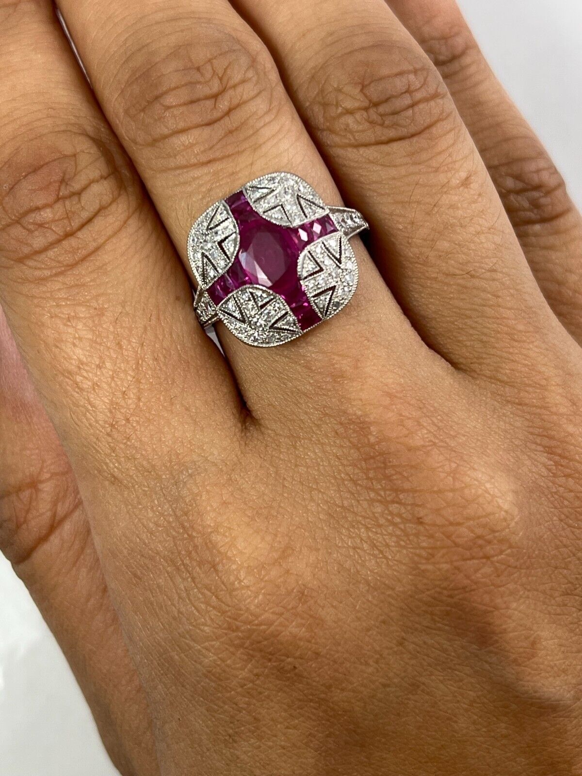 Art Deco Oval Ruby Diamond Platinum Ring Natural 1.71CTW Antique Look