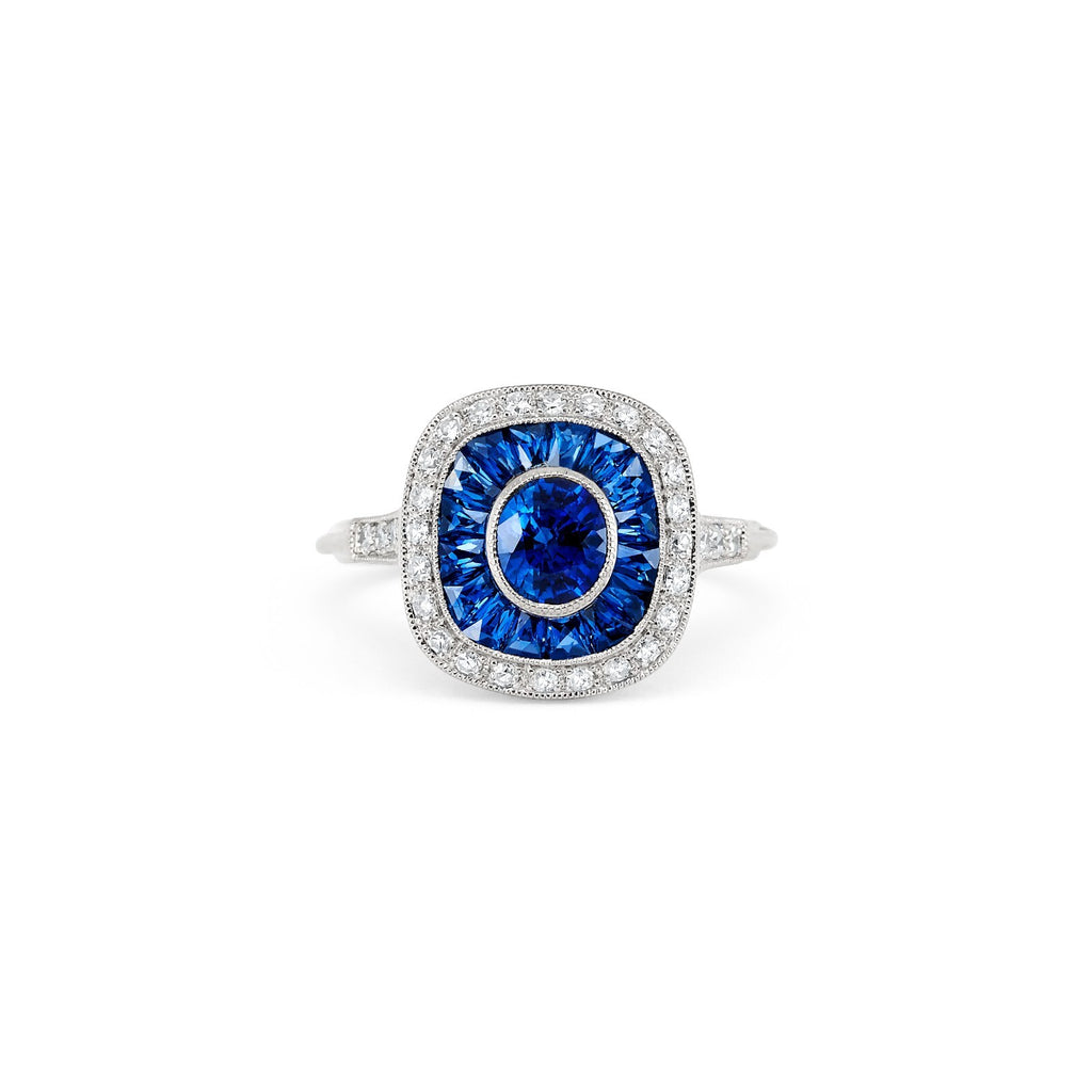 Blue Sapphire Diamond Platinum Ring Art Deco Natural French Cut Baguette 3.12CTW