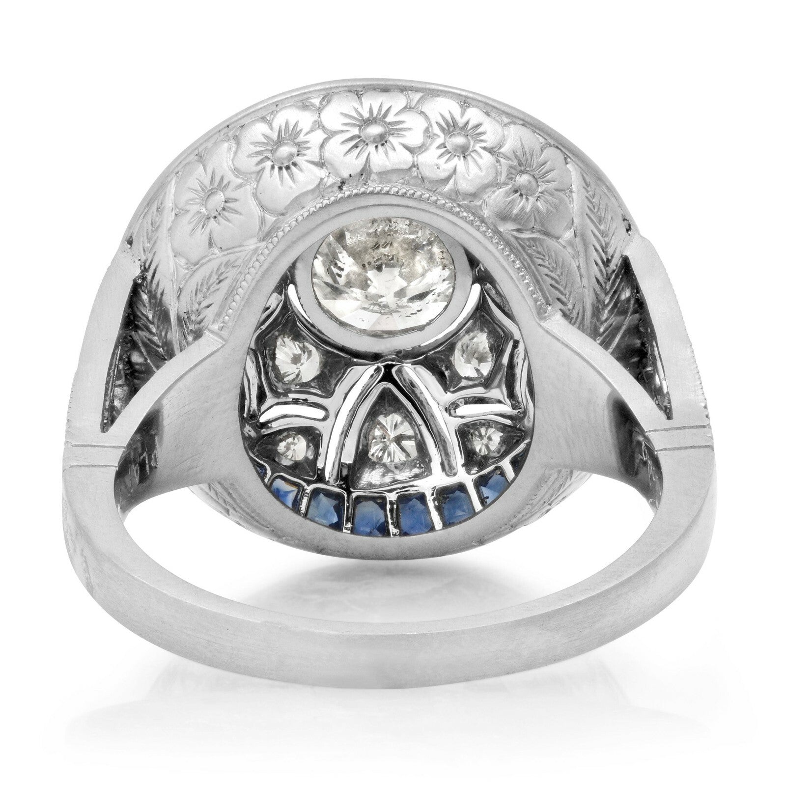 Art Deco Diamond Blue Sapphire Platinum Ring Cocktail 2.20 TCW Natural