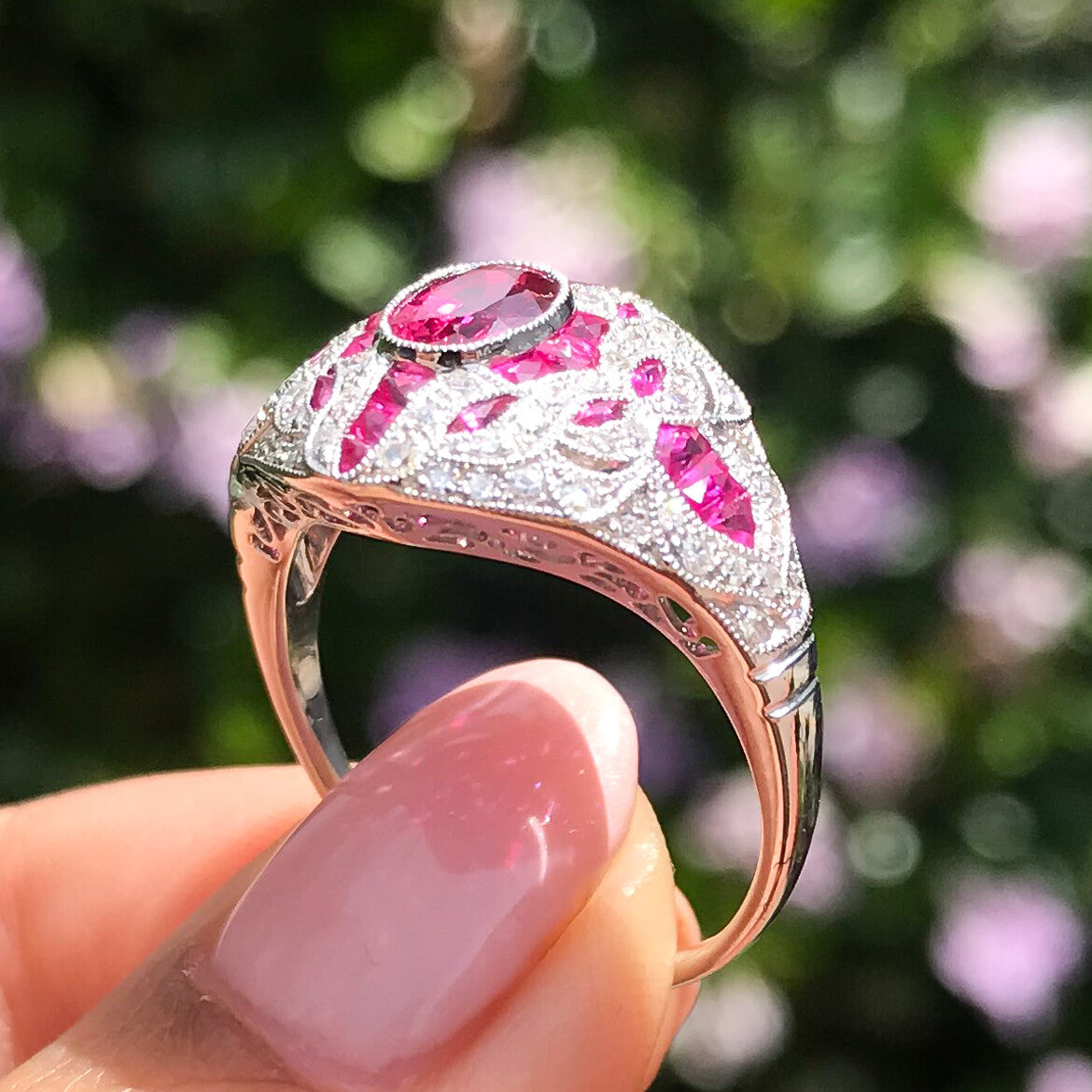 Ruby Diamond Ring Platinum Cocktail Art Deco Vintage Antique Style Handmade