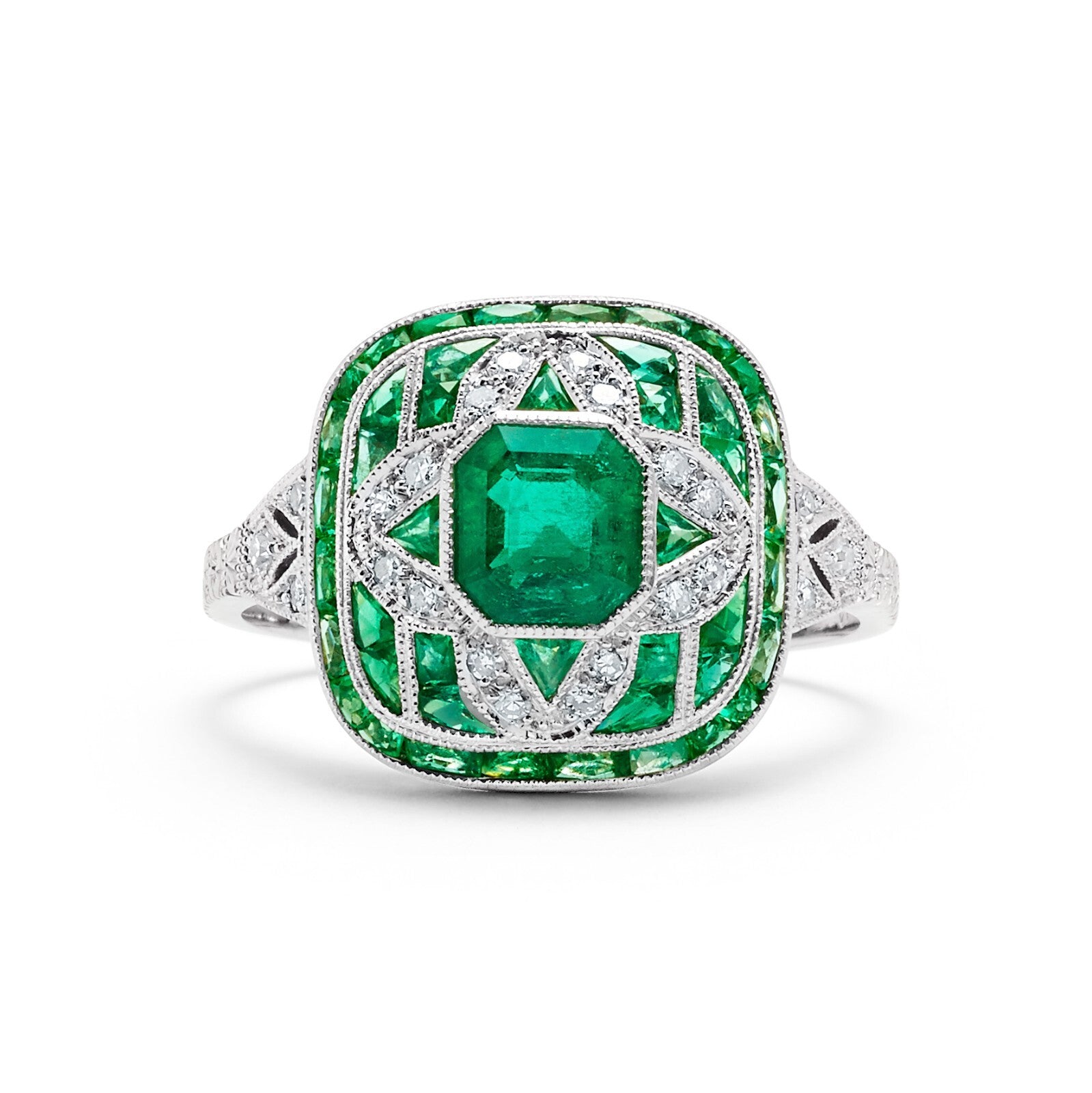 Art Deco Diamond Emerald Platinum Ring Certified Natural 1.74 CTW