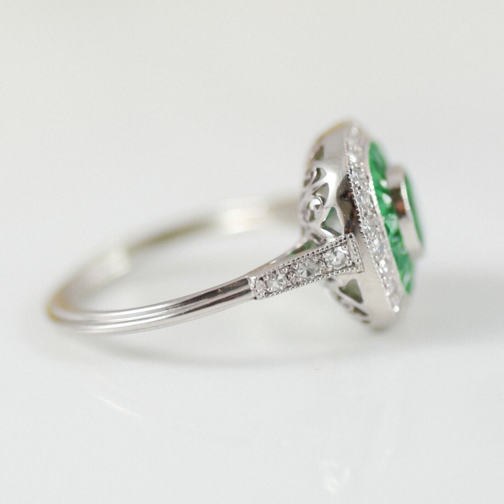 Emerald Diamond Platinum Ring Art Deco Oval Baguette Cocktail Antique Natural
