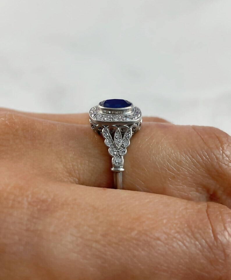 Blue Sapphire Diamond Platinum Engagement Ring Oval Antique Art Deco 1.97 CTW