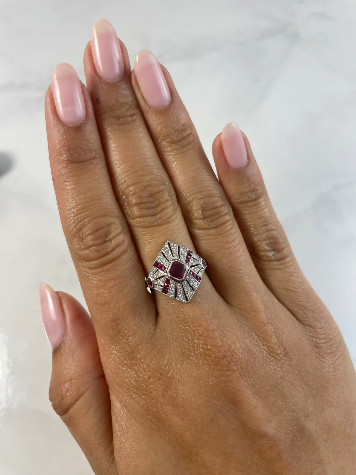 Princess Ruby Diamond Platinum Ring Art Deco Cocktail Vintage Antique Handmade