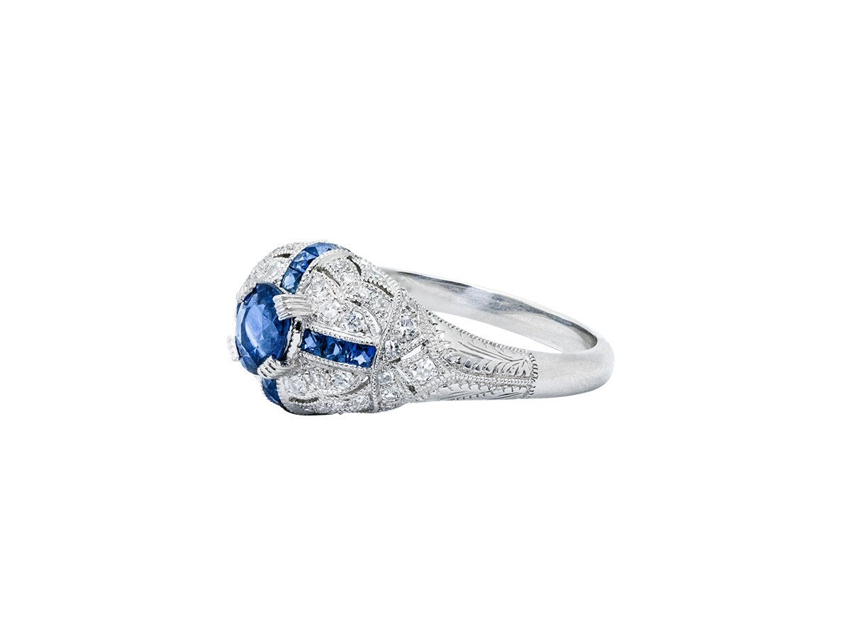 Art Deco Oval Blue Sapphire Diamond Platinum Engagement Ring Natural 1.00 CTW