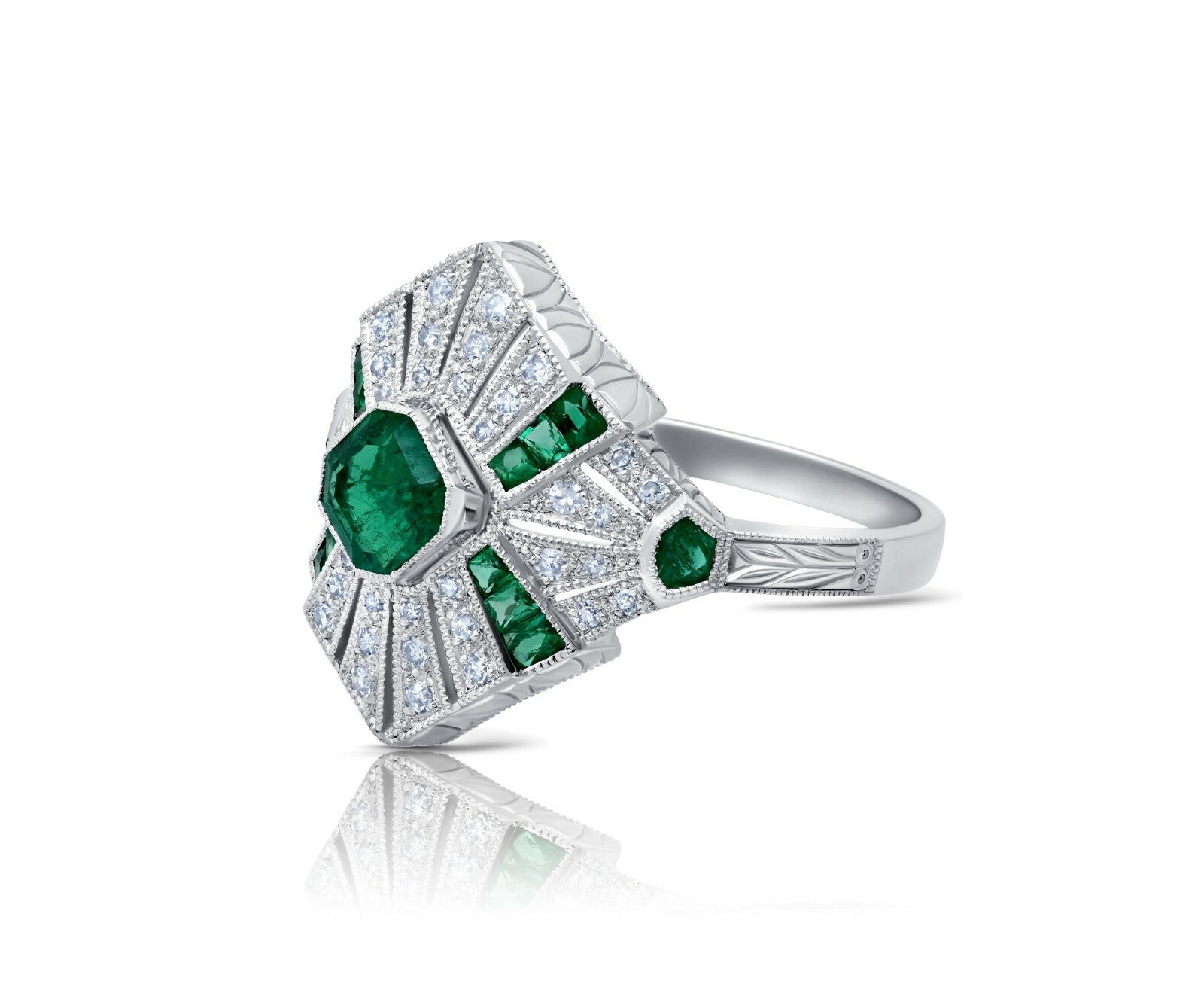 Emerald Platinum Diamond Ring Art Deco Natural 1.51 CTW