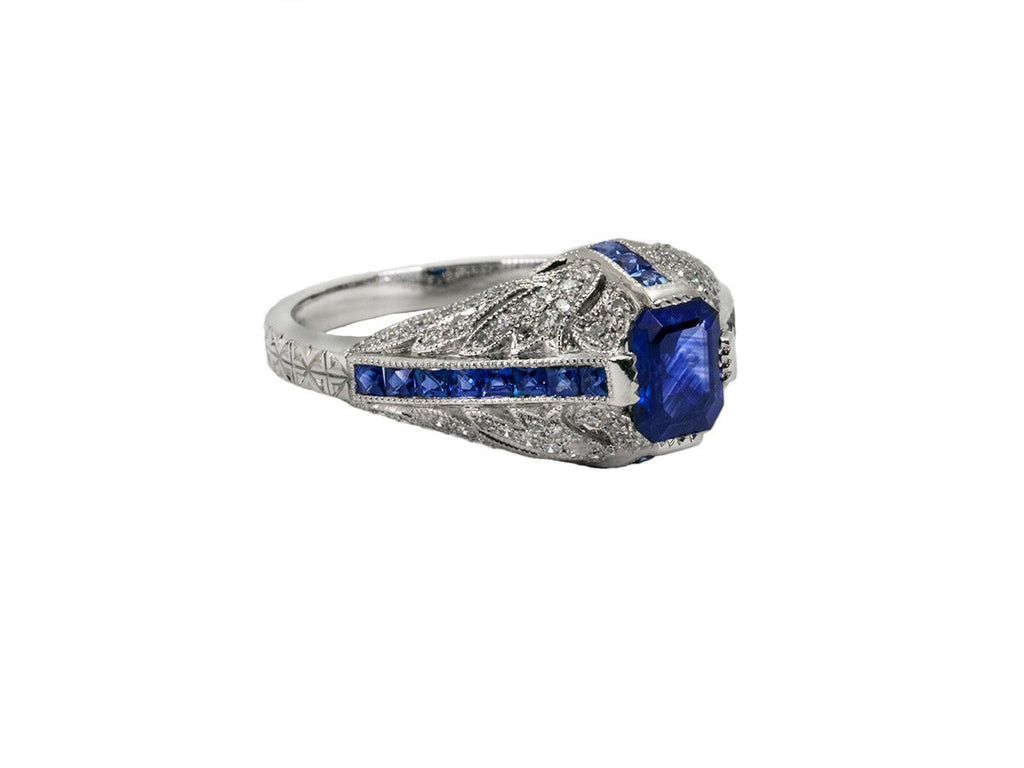 Blue Sapphire Diamond Platinum Engagement Ring Art Deco Natural