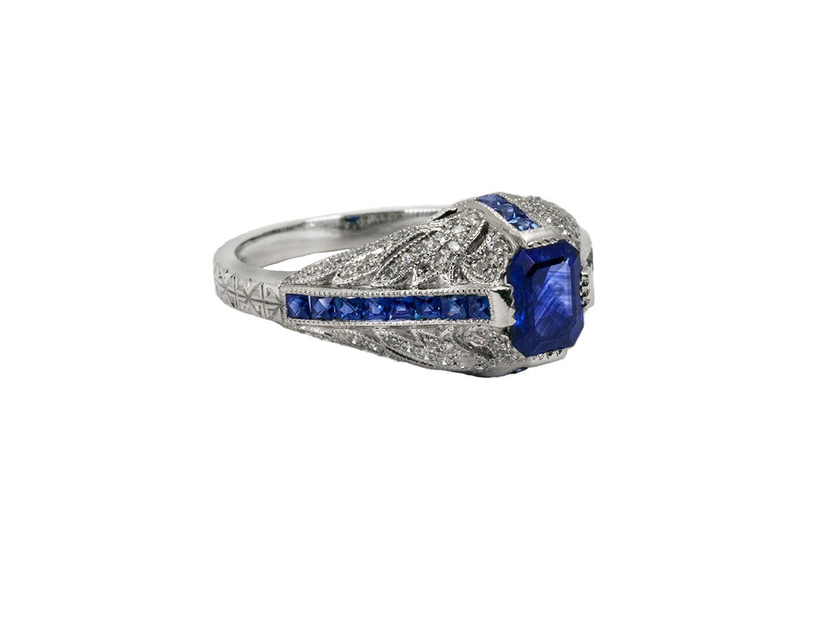 Blue Sapphire Diamond Platinum Engagement Ring Art Deco Natural