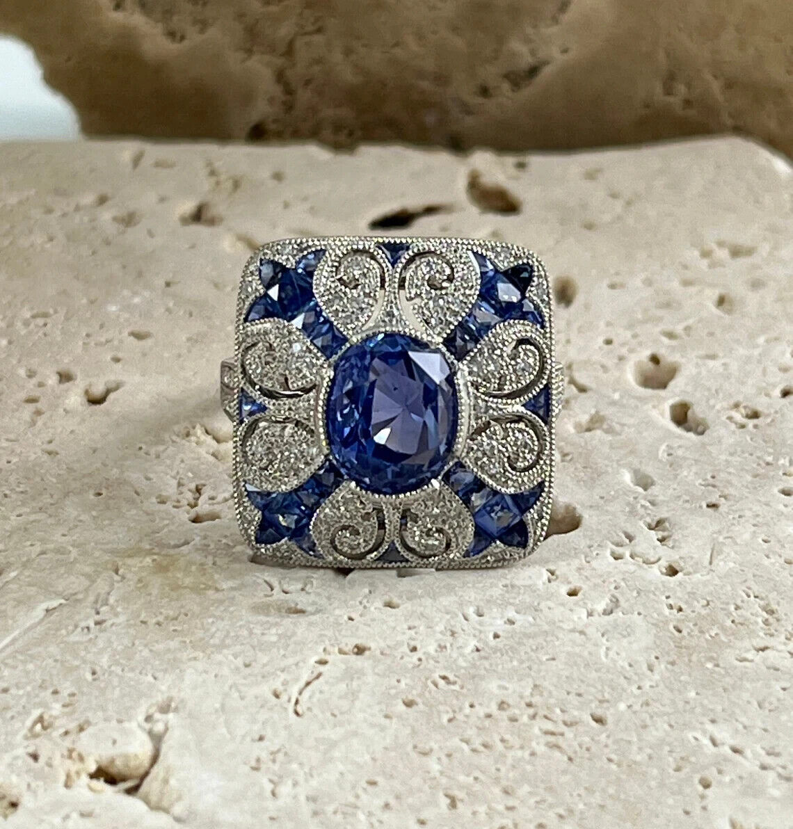 Art Deco Inspired Oval Sapphire Diamond Platinum Ring Natural 4.89 CTW Certified
