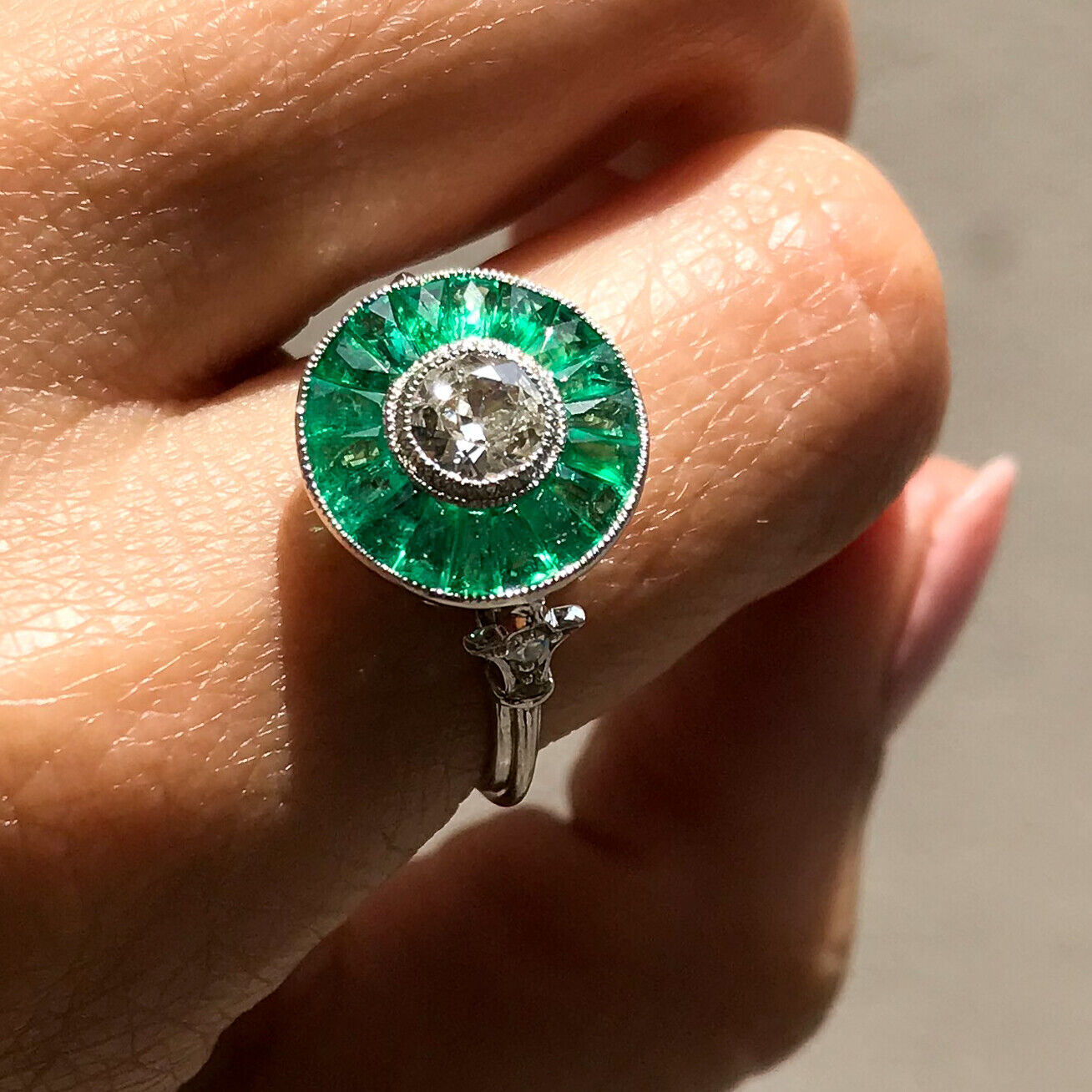 Diamond And Emerald Platinum Engagement Ring Art Deco Natural Handmade 2.20 CTW