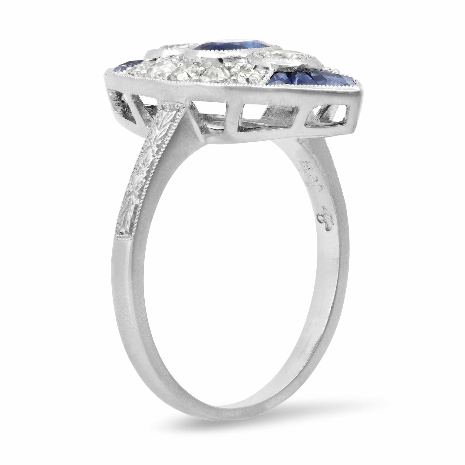Blue Sapphire Diamond Platinum Ring Art Deco Antique Design Natural 2.07 CTW