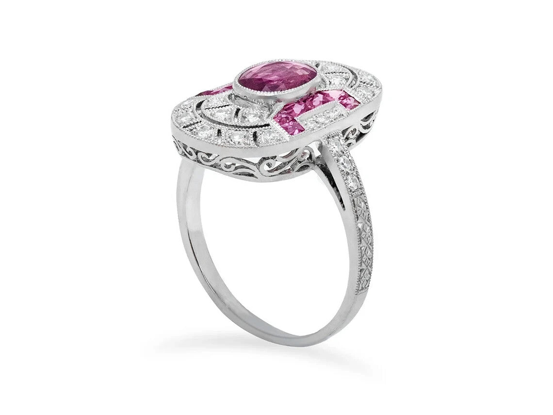 Art Deco Oval Ruby Diamond Platinum Ring Natural 1.66 CTW Cocktail Anniversary