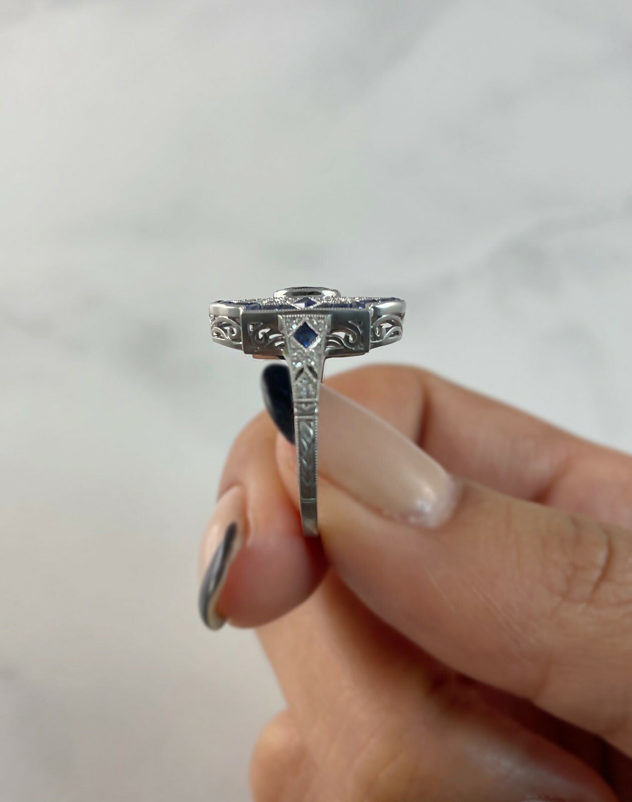 Oval Blue Sapphire Platinum Diamond Ring Art Deco Handmade Antique Natural