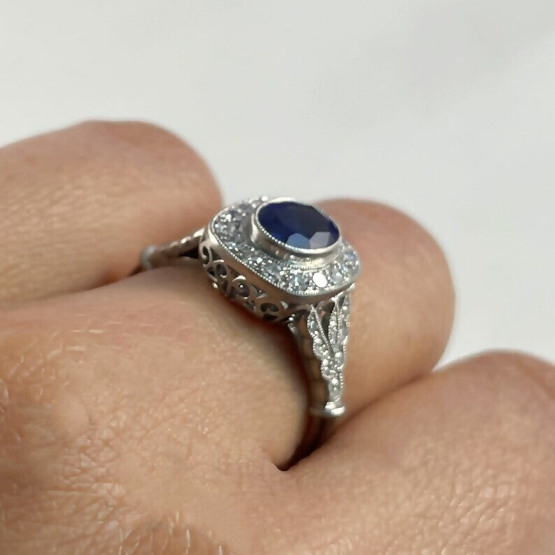 Blue Sapphire Diamond Platinum Engagement Ring Oval Antique Art Deco 1.97 CTW