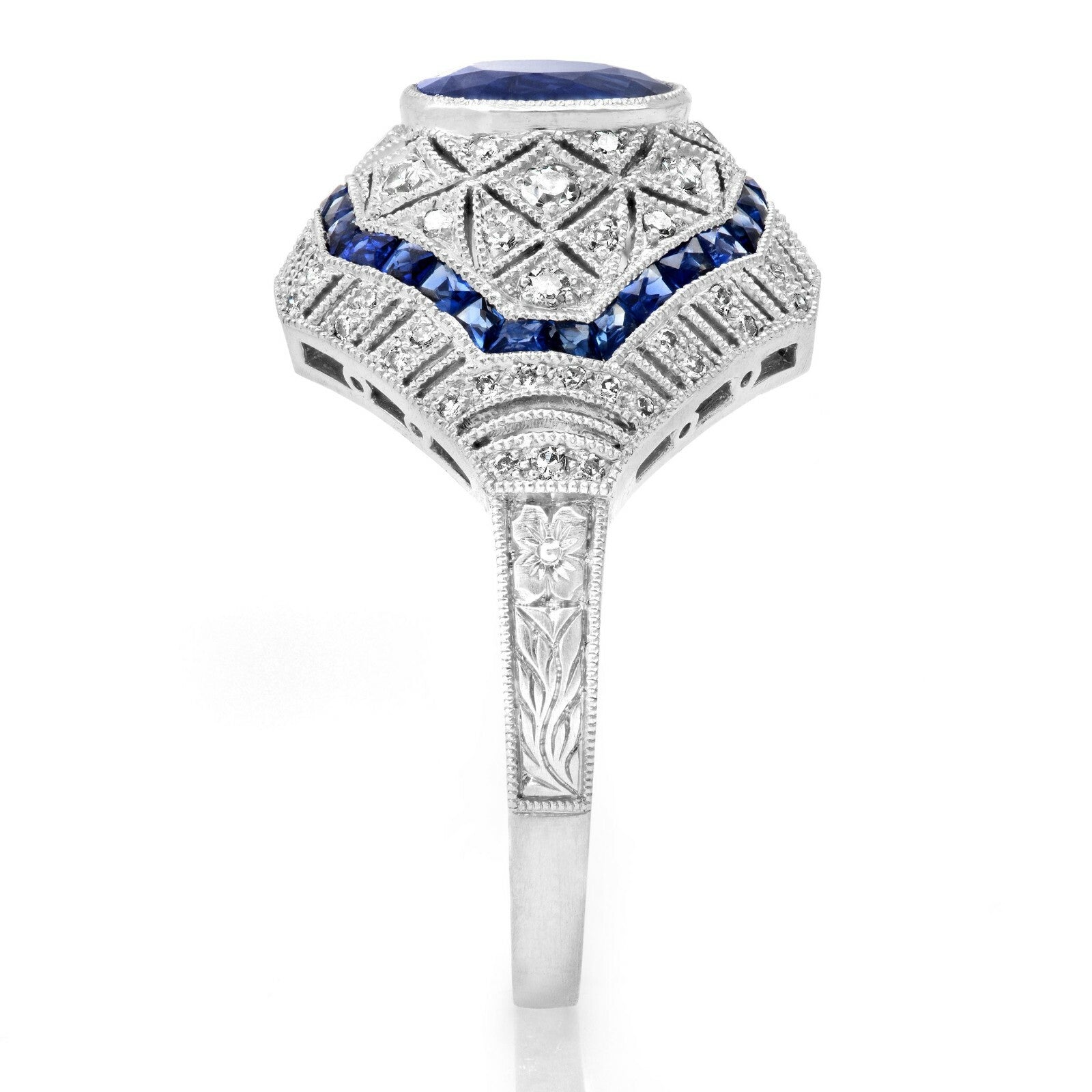 Oval Blue Sapphire Diamond Platinum Ring Art Deco Cocktail Natural 2.51 TCW
