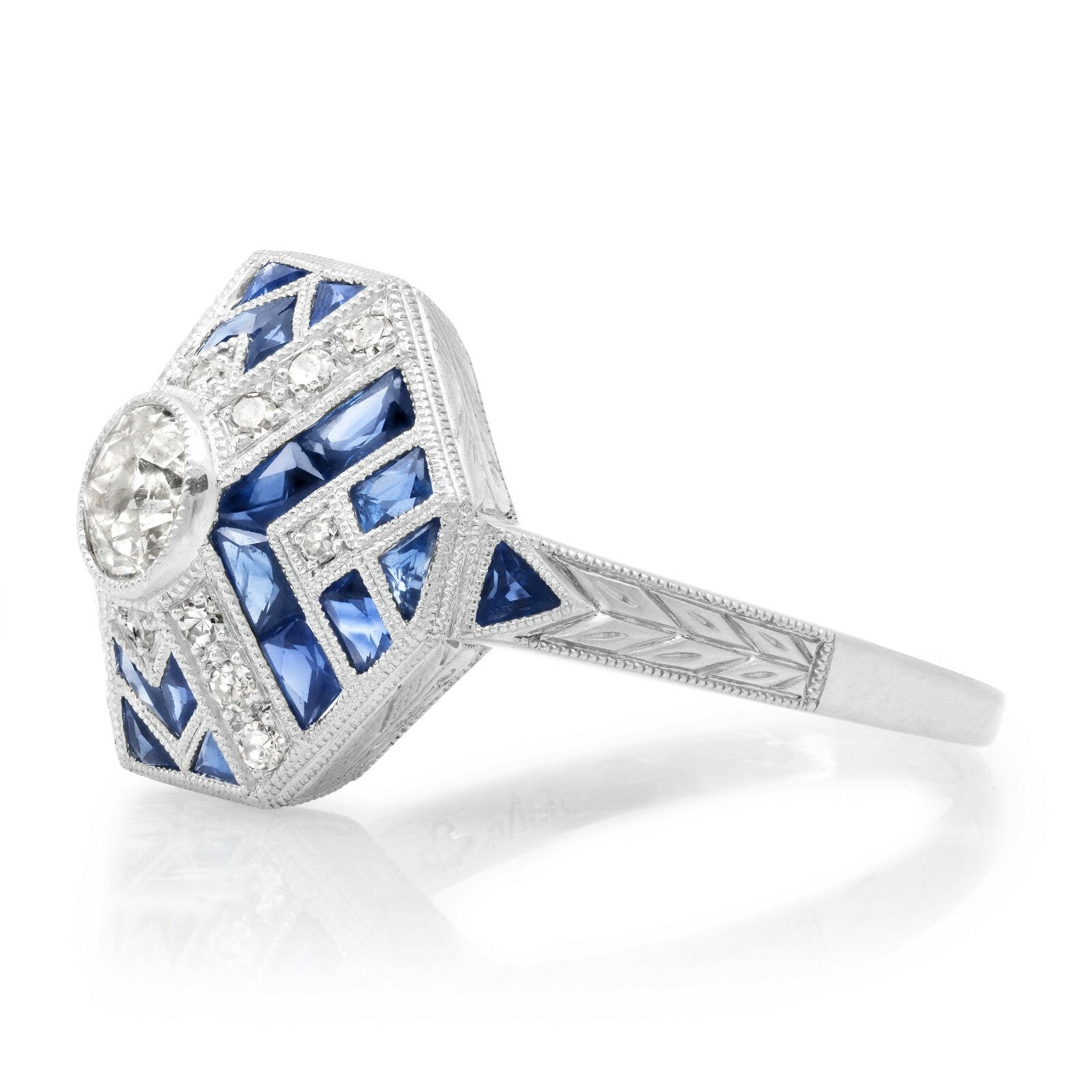 Art Deco Diamond Sapphire Platinum Ring Natural Handmade Certified 1.75 CTW