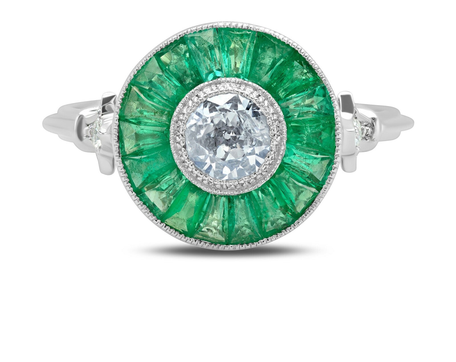 Diamond And Emerald Platinum Engagement Ring Art Deco Natural Handmade 2.20 CTW