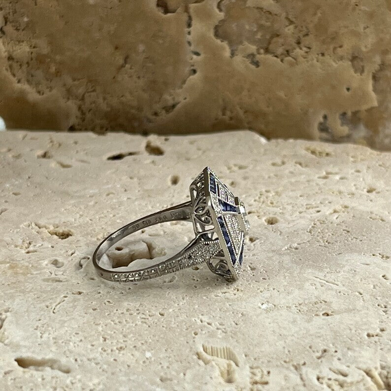 Art Deco Inspired Asscher Cut Diamond Sapphire Platinum Ring Natural 1.45 CTW