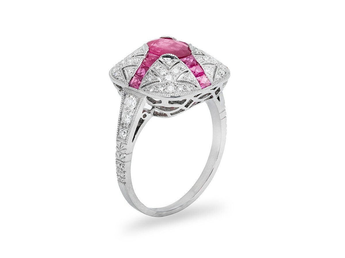 Art Deco Oval Ruby Diamond Platinum Ring Natural 1.71CTW Antique Look