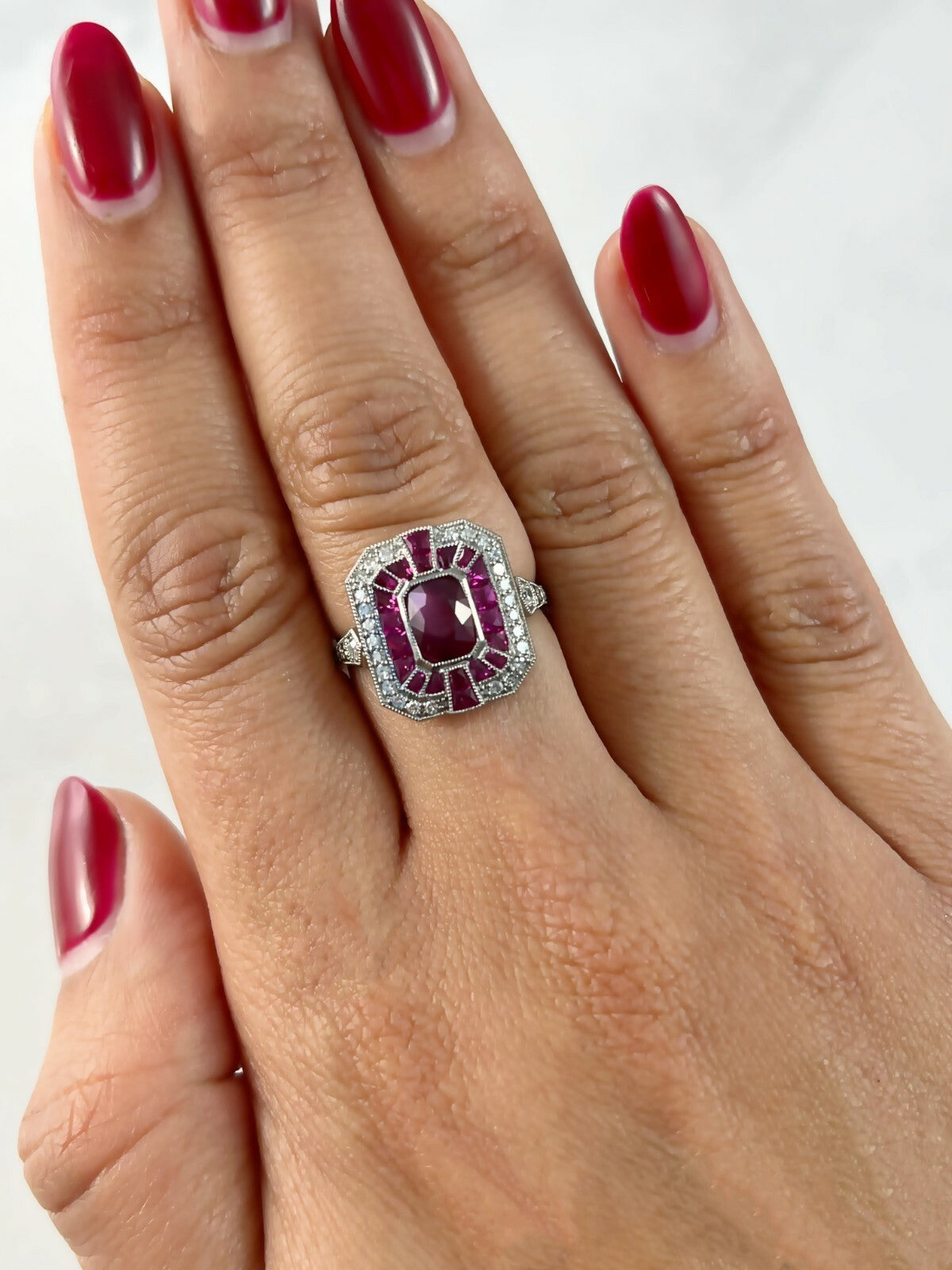 Cushion Ruby Diamond Platinum Ring Art Deco Natural 2.57 TCW