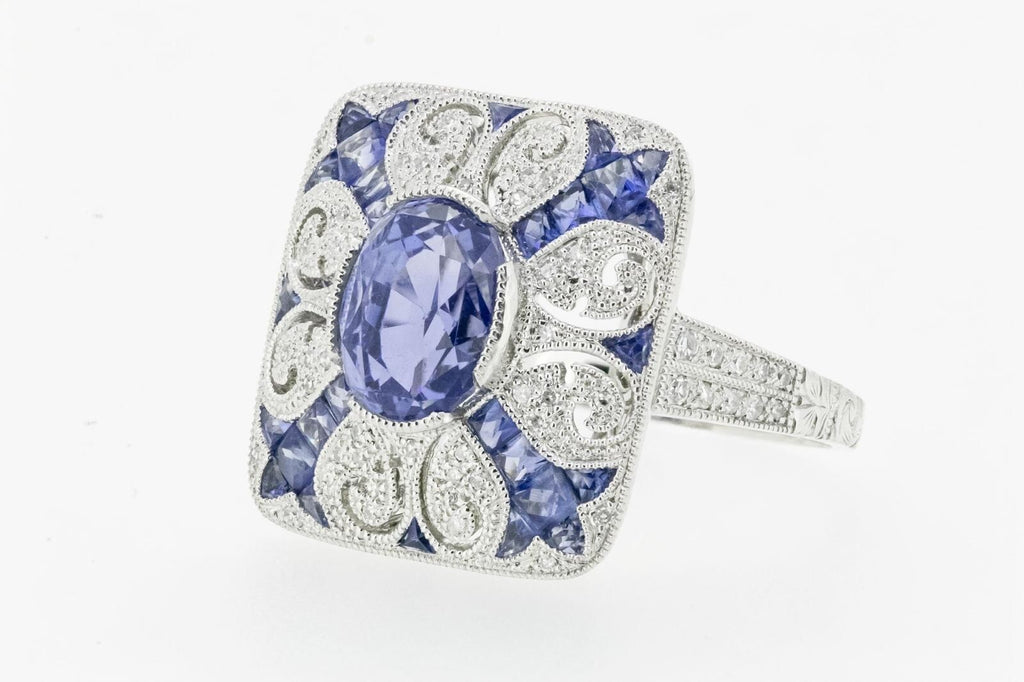 Art Deco Inspired Oval Sapphire Diamond Platinum Ring Natural 4.89 CTW Certified