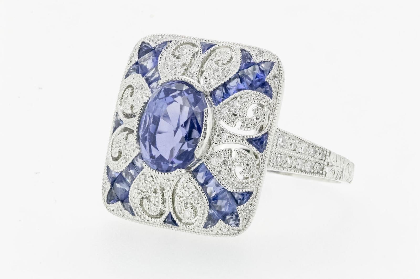 Art Deco Inspired Oval Sapphire Diamond Platinum Ring Natural 4.89 CTW Certified
