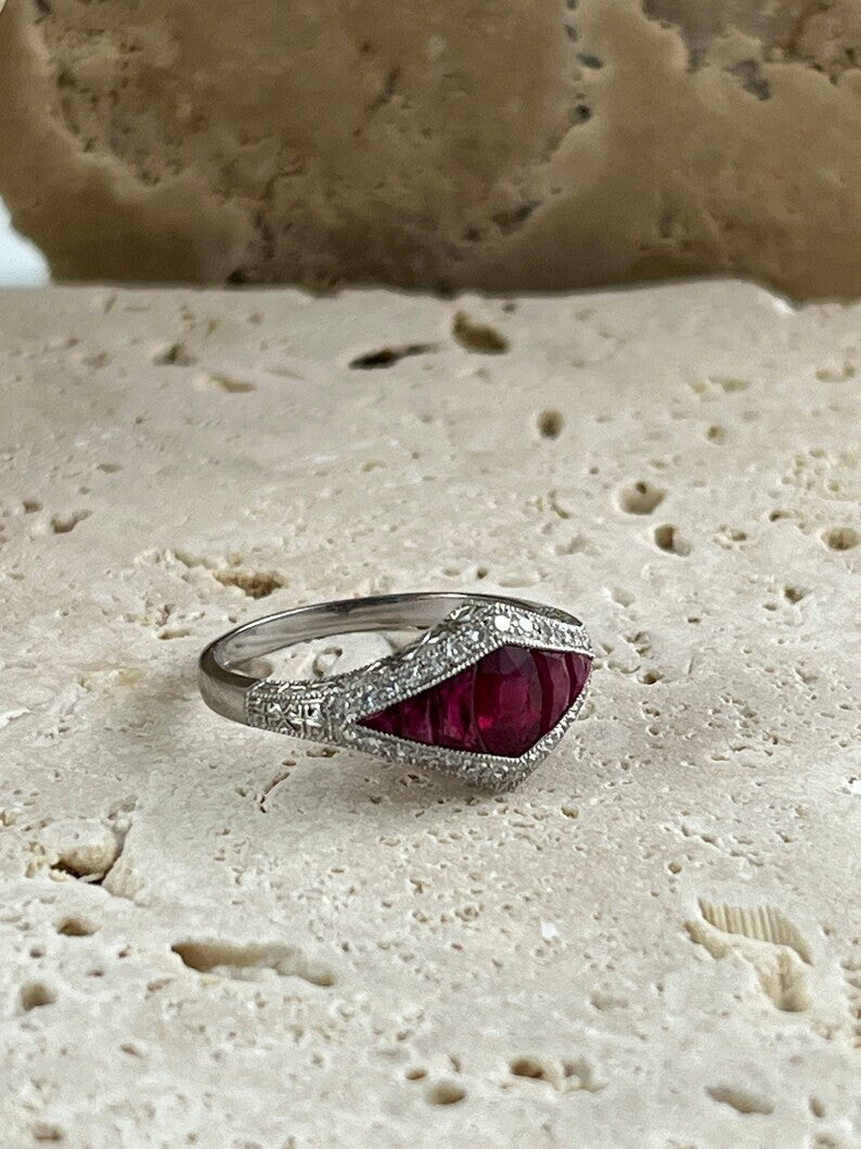 Art Deco Inspired Ruby Diamond Platinum Ring Natural Oval French Cut 1.04CTW