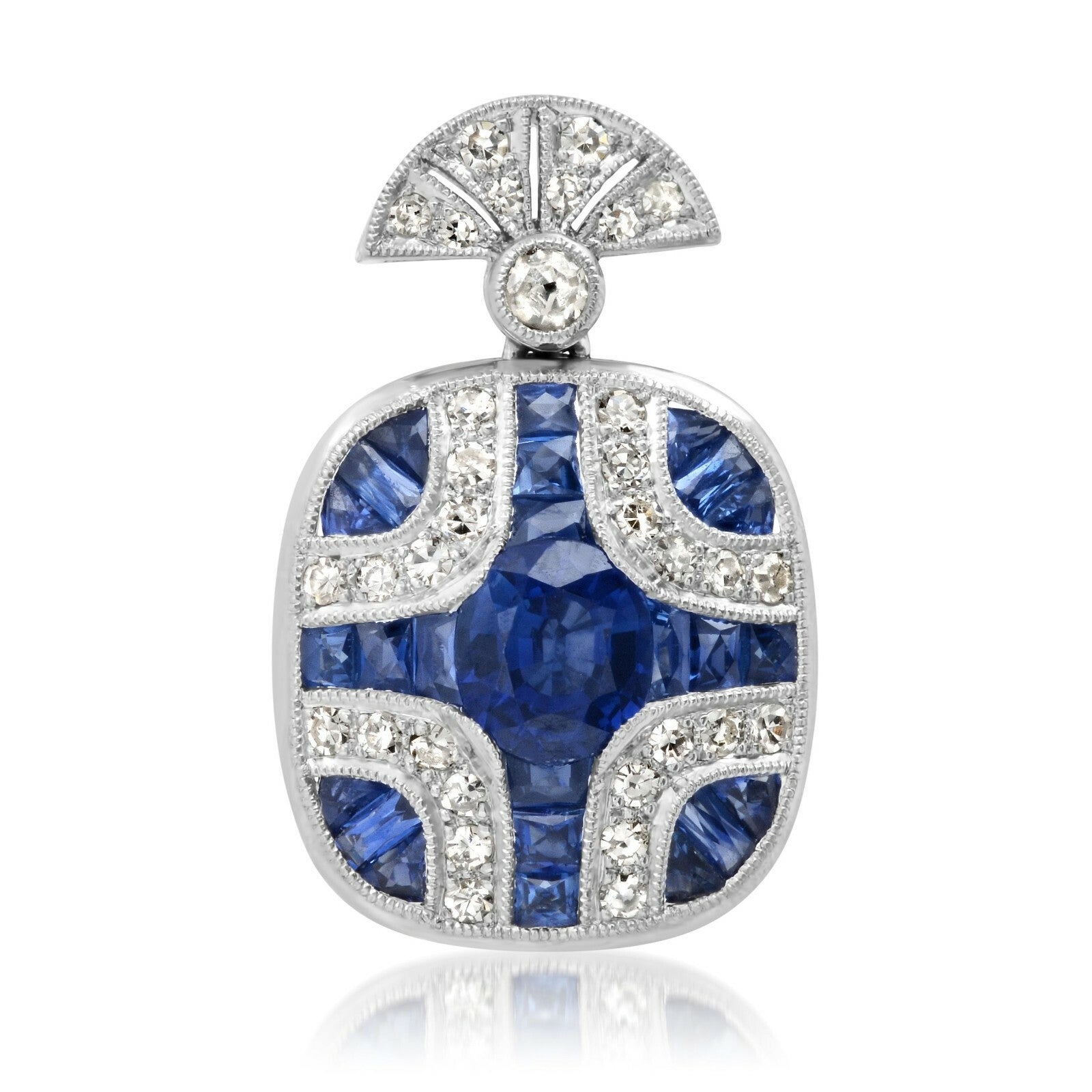 Blue Sapphire Diamond Platinum Pendant Necklace Art Deco Handmade Natural 2.16CT