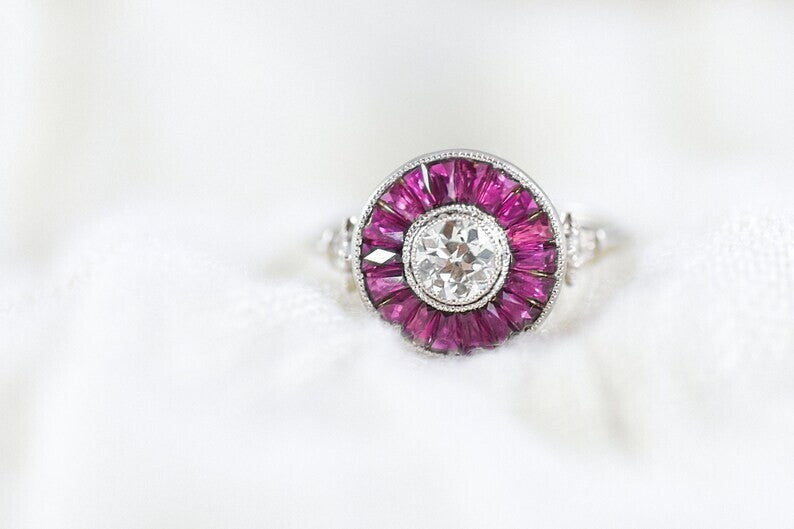 Diamond Ruby Platinum Engagement Ring Art Deco Natural Handmade French Cut
