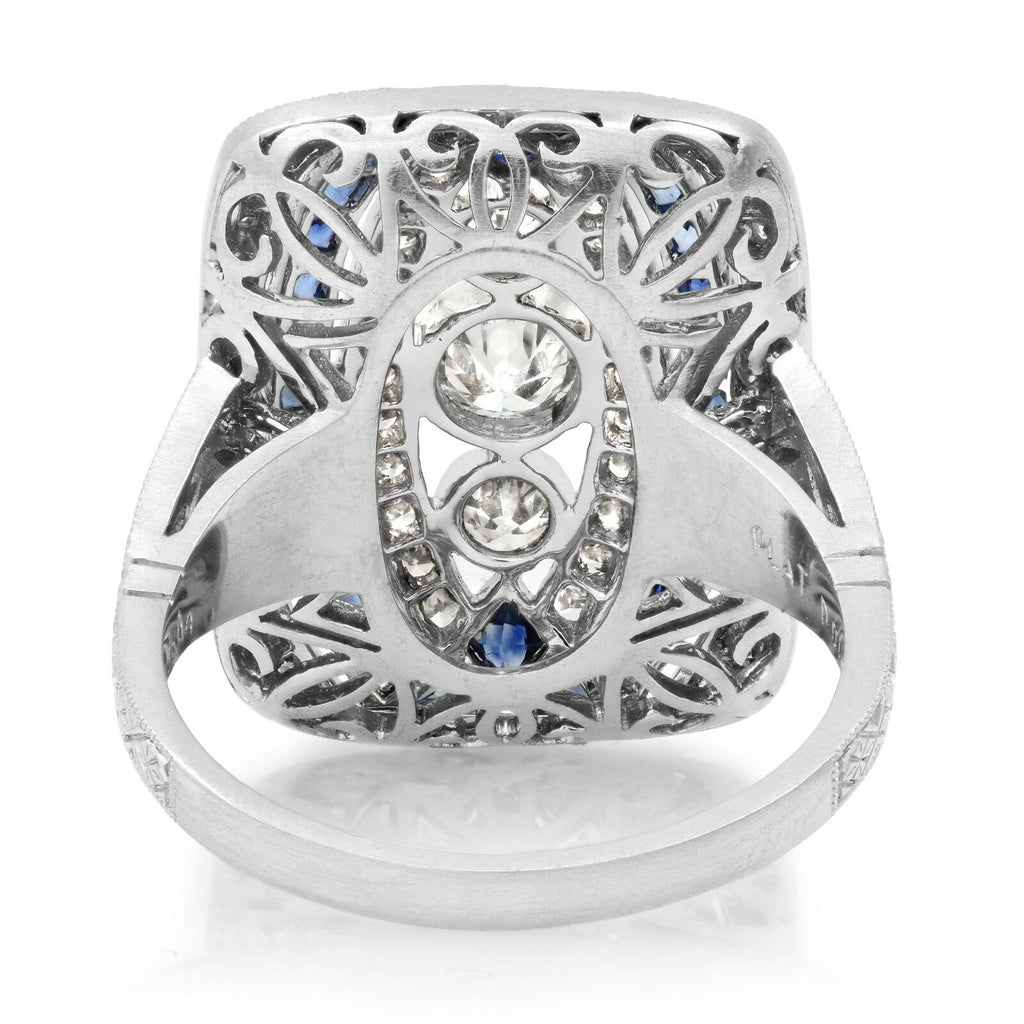 Art Deco Diamond Blue Sapphire Platinum Ring Handmade Antique Finish Cocktail