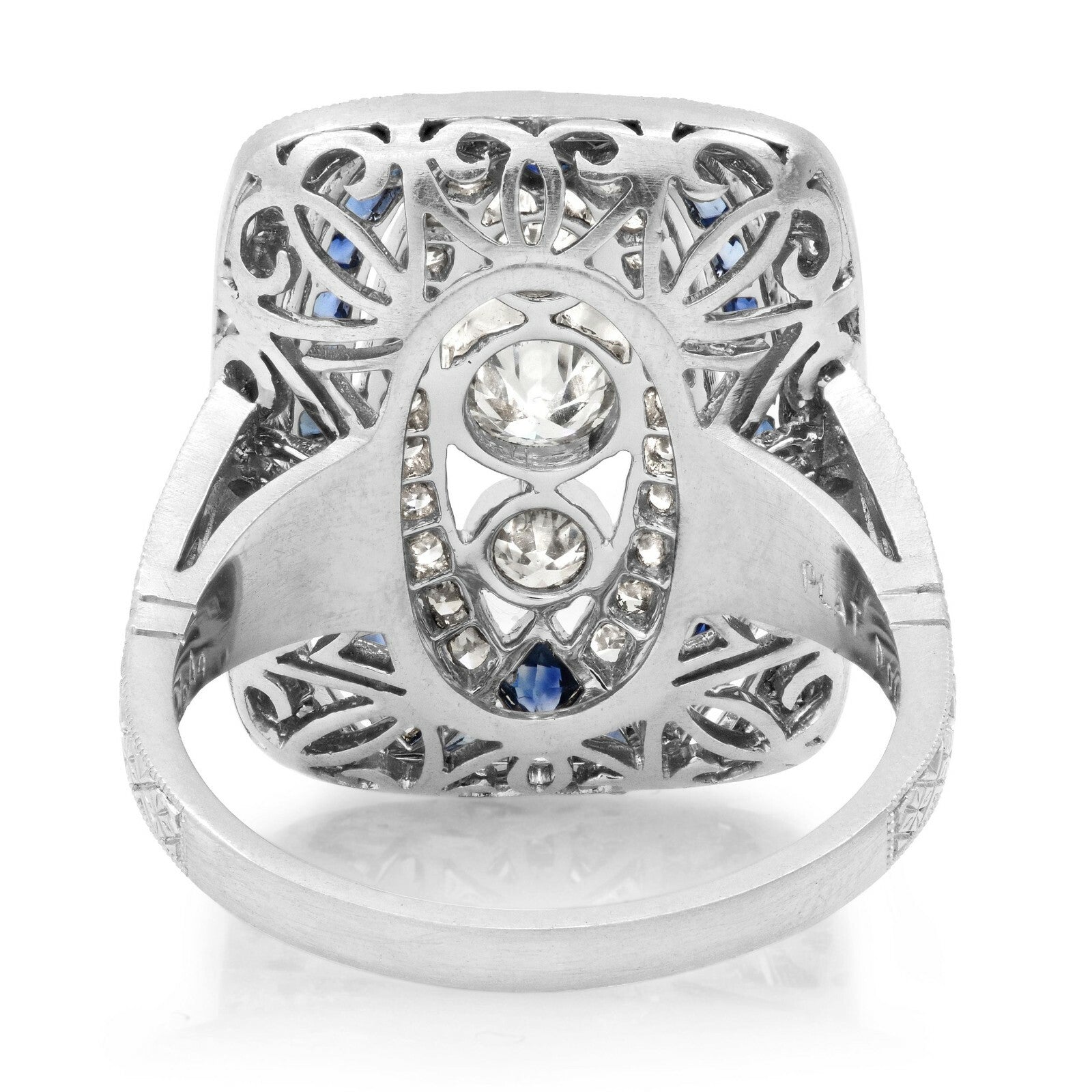 Art Deco Diamond Blue Sapphire Platinum Ring Handmade Antique Finish Cocktail