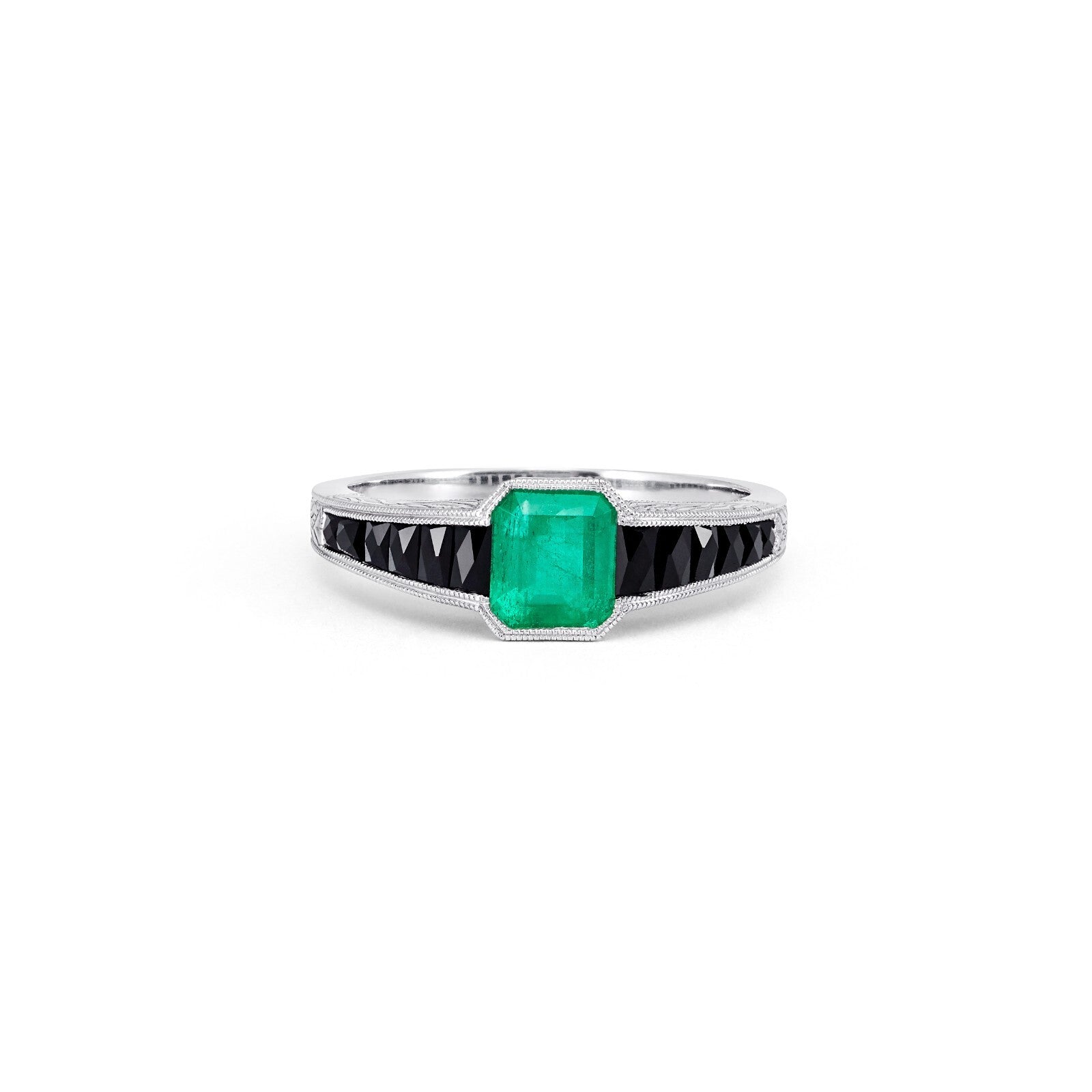 Emerald Black Onyx Platinum Ring Antique Inspired Natural 1.18 CTW