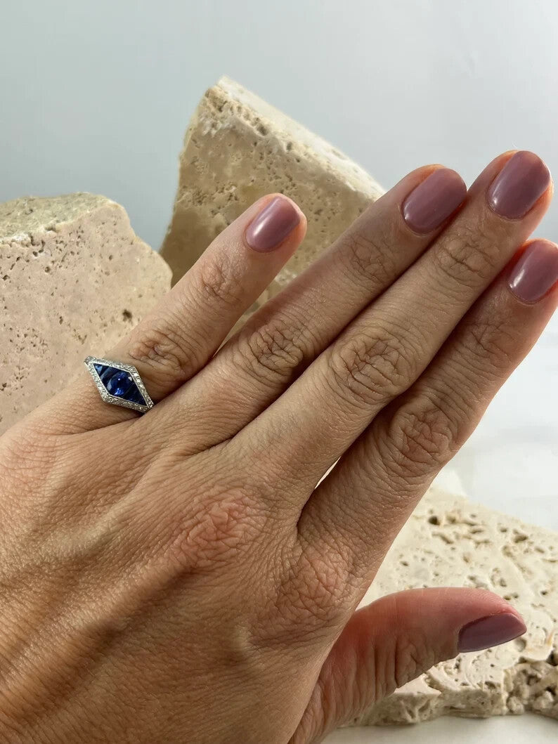 Art Deco Inspired Sapphire Diamond Platinum Ring Natural Oval French Cut 1.34CTW