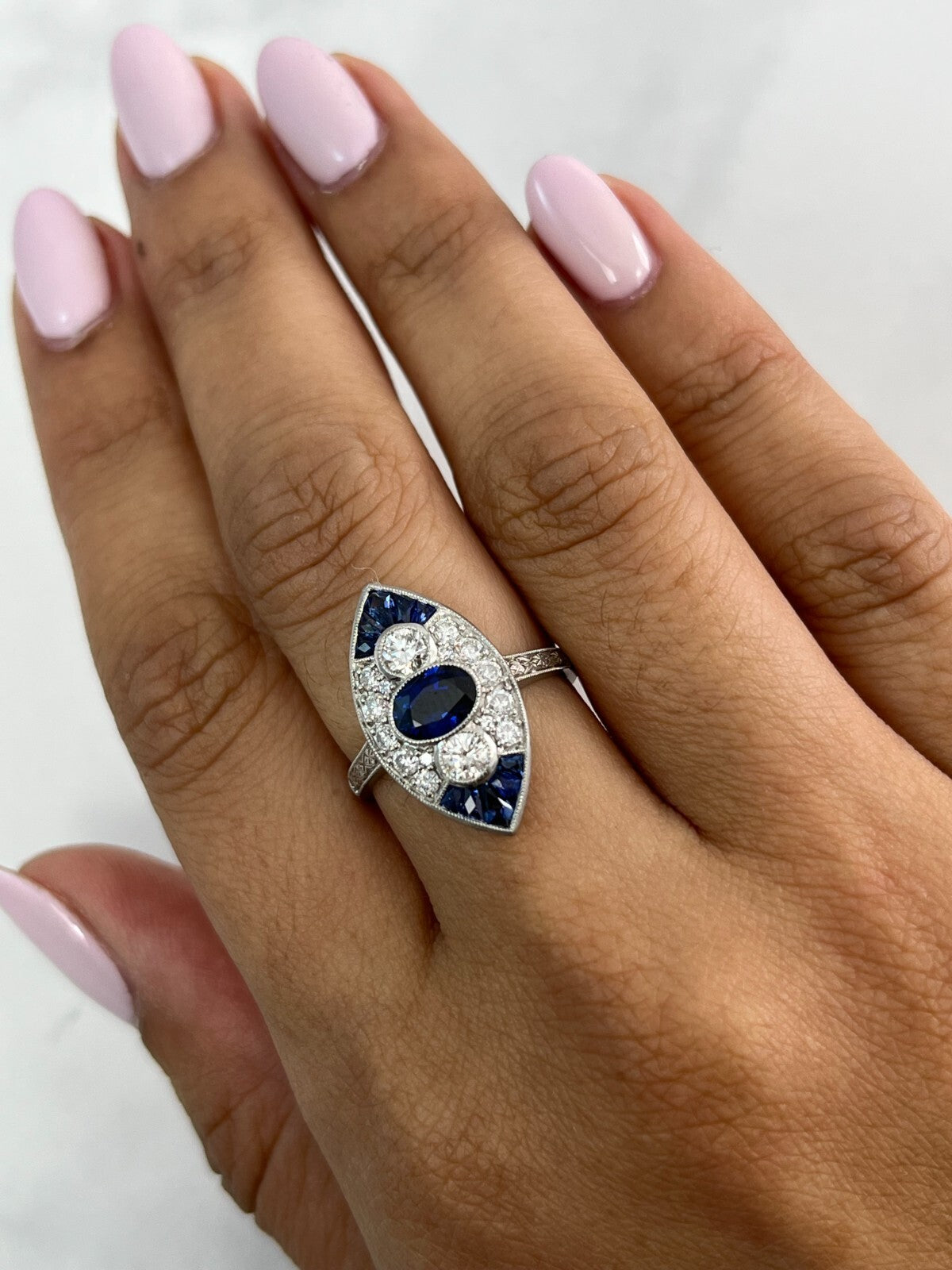 Blue Sapphire Diamond Platinum Ring Art Deco Antique Design Natural 2.07 CTW