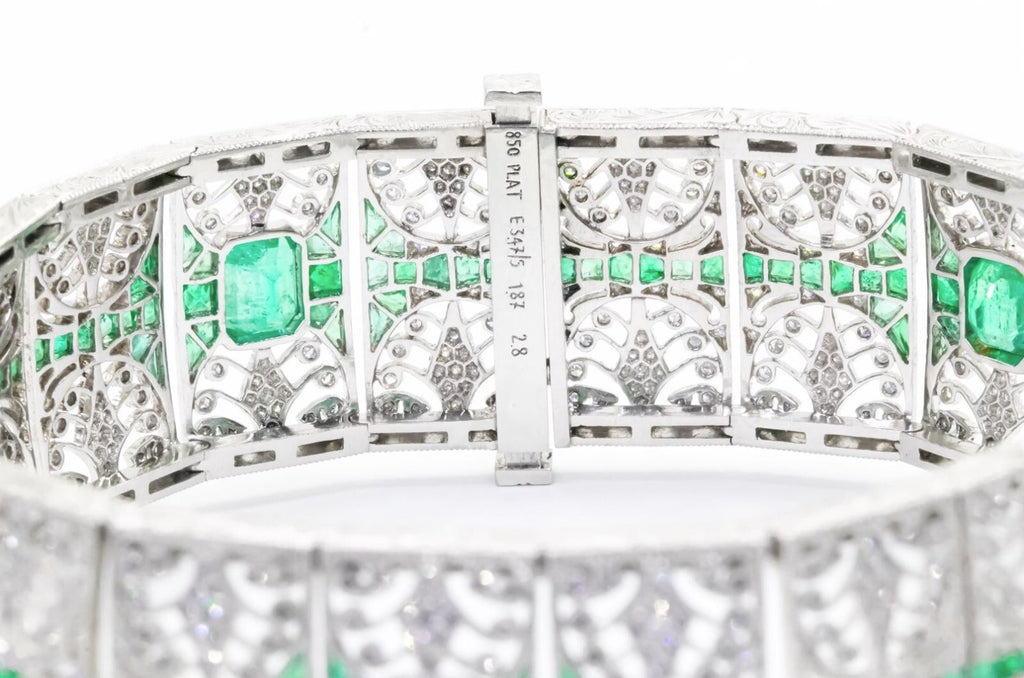 Art Deco Diamond Emerald Platinum Bracelet Handmade Natural 8.14 CTW Certified