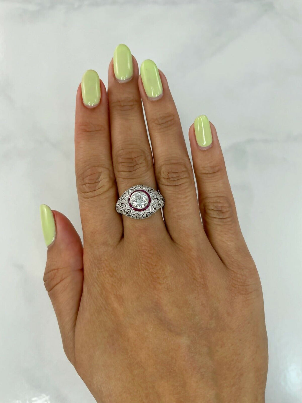 Platinum Diamond Ruby Ring Art Deco Inspired Natural 1.74 TCW