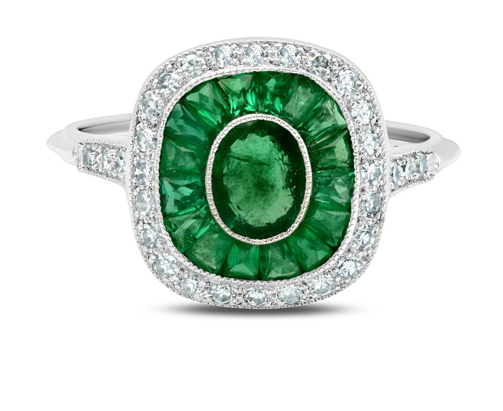 Emerald Diamond Platinum Ring Art Deco Oval Baguette Cocktail Antique Natural