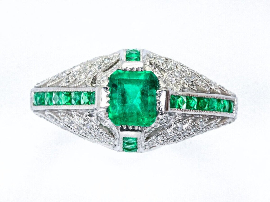 Diamond Emerald Engagement Platinum Ring Art Deco Antique Finish Natural 1.08TCW
