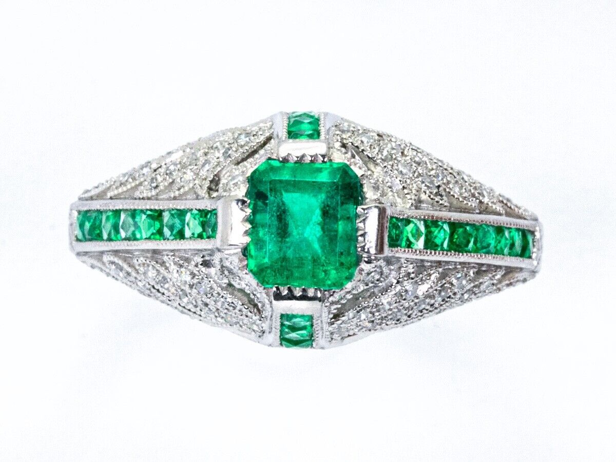 Diamond Emerald Engagement Platinum Ring Art Deco Antique Finish Natural 1.08TCW