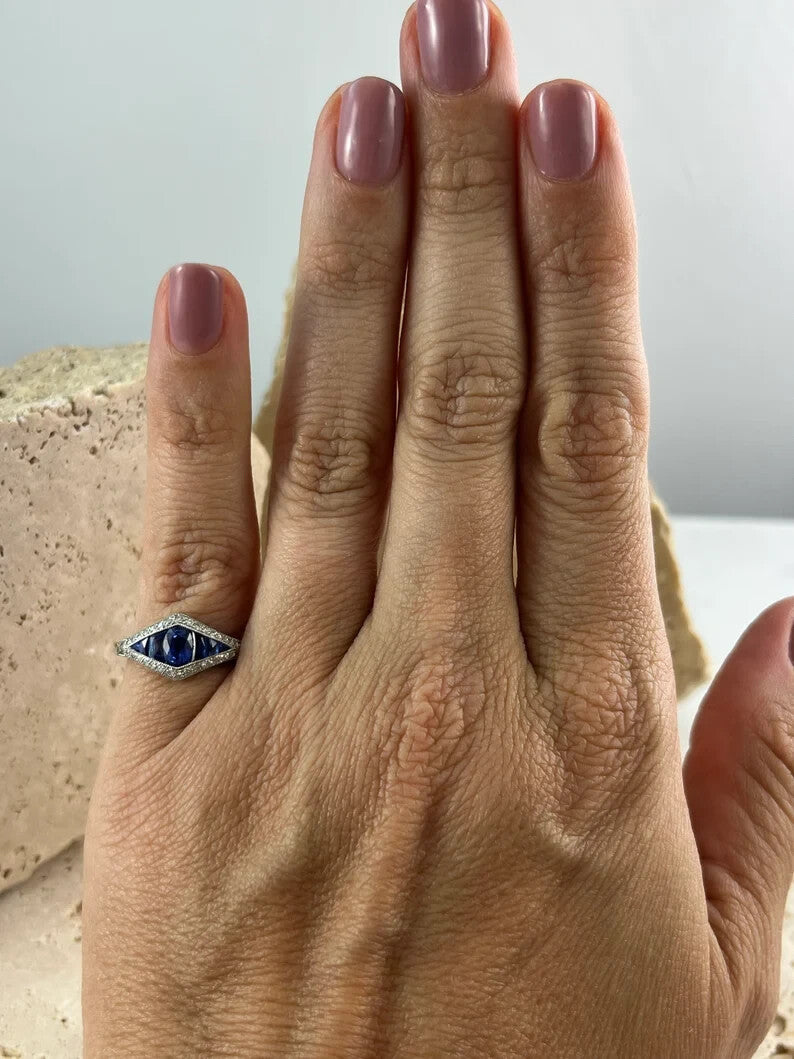Art Deco Inspired Sapphire Diamond Platinum Ring Natural Oval French Cut 1.34CTW