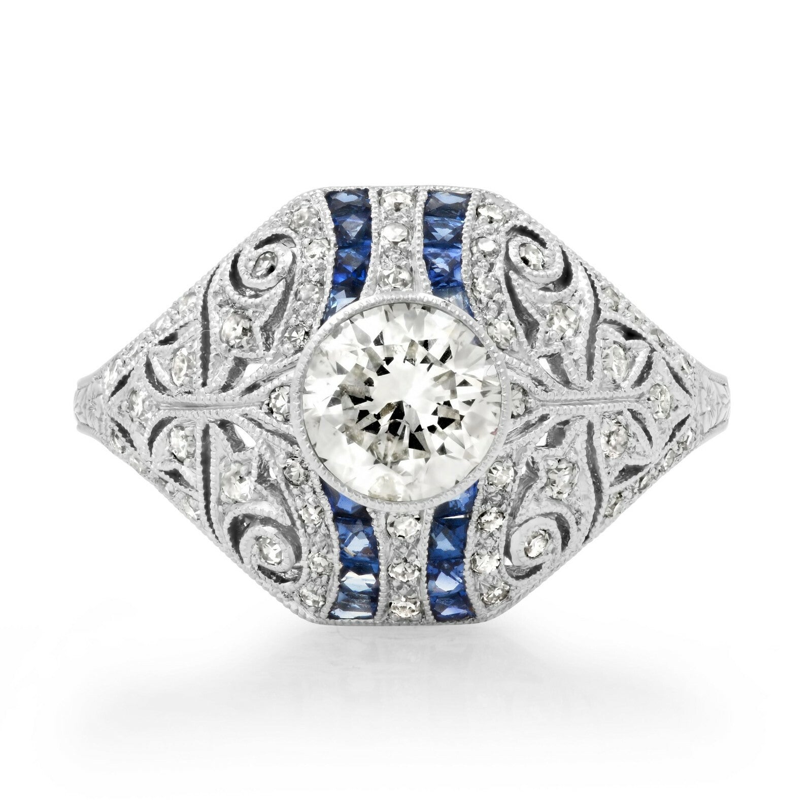Diamond Blue Sapphire Platinum Engagement Ring Natural 1.30 TCW Art Deco