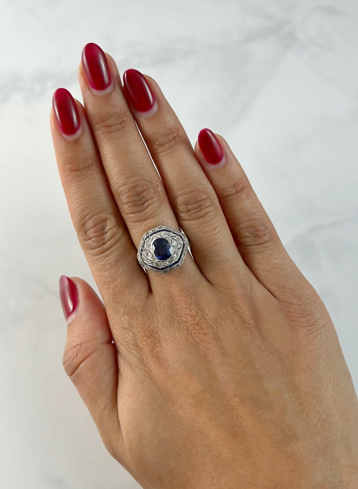 Oval Blue Sapphire Diamond Platinum Ring Art Deco Cocktail Natural 2.51 TCW