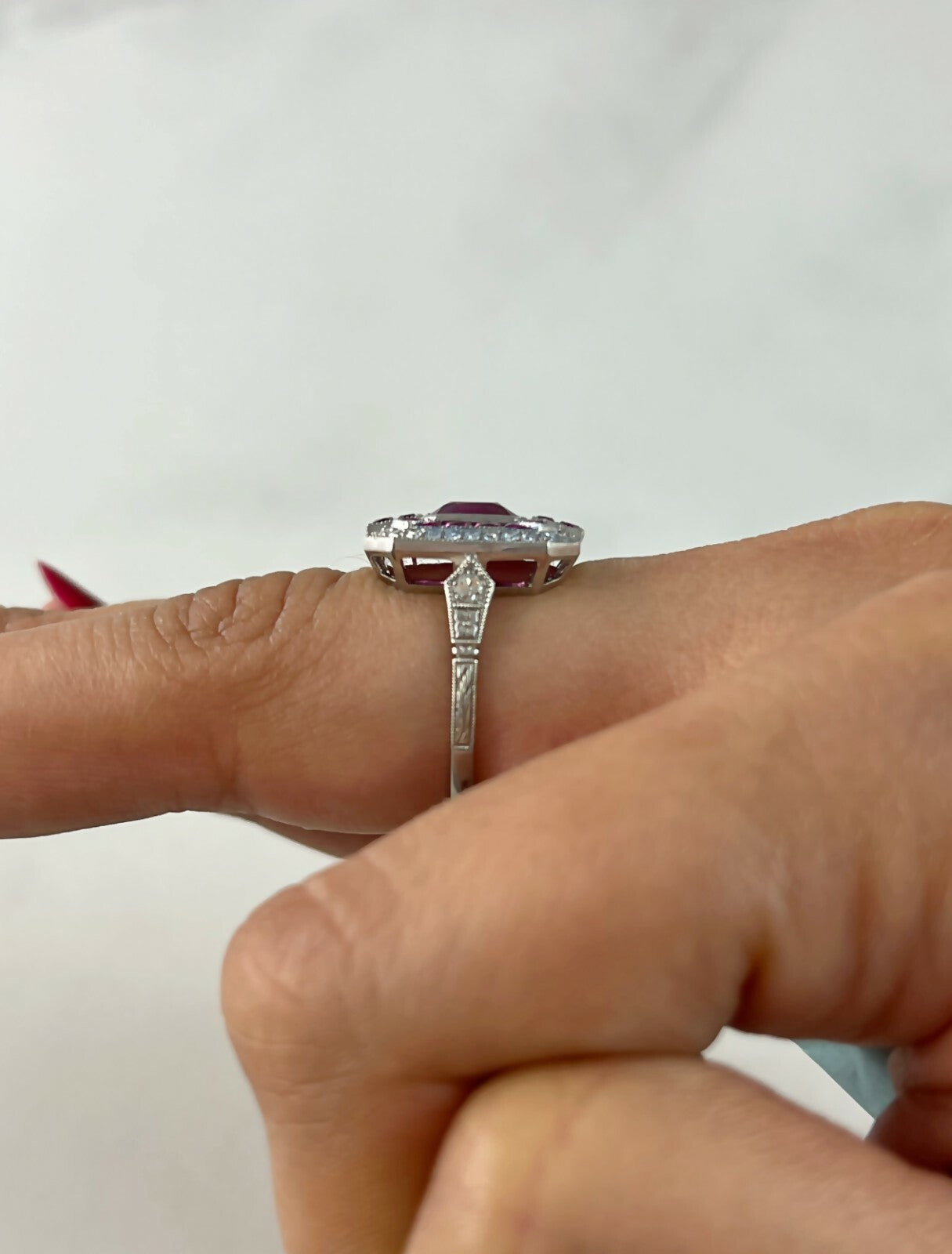 Cushion Ruby Diamond Platinum Ring Art Deco Natural 2.57 TCW